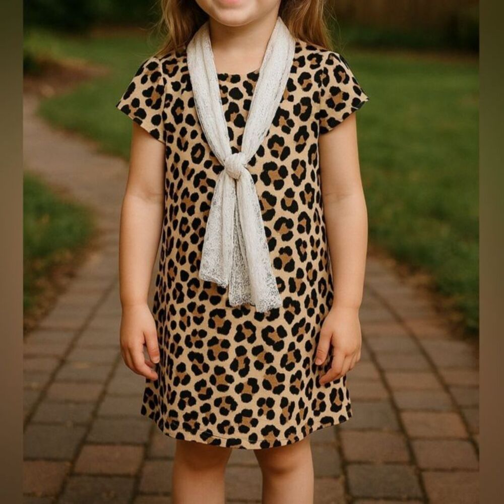 Pink & Violet Girls 4T Leopard Print Dress 4T-5T Animal Print Knit Lace Scarf
